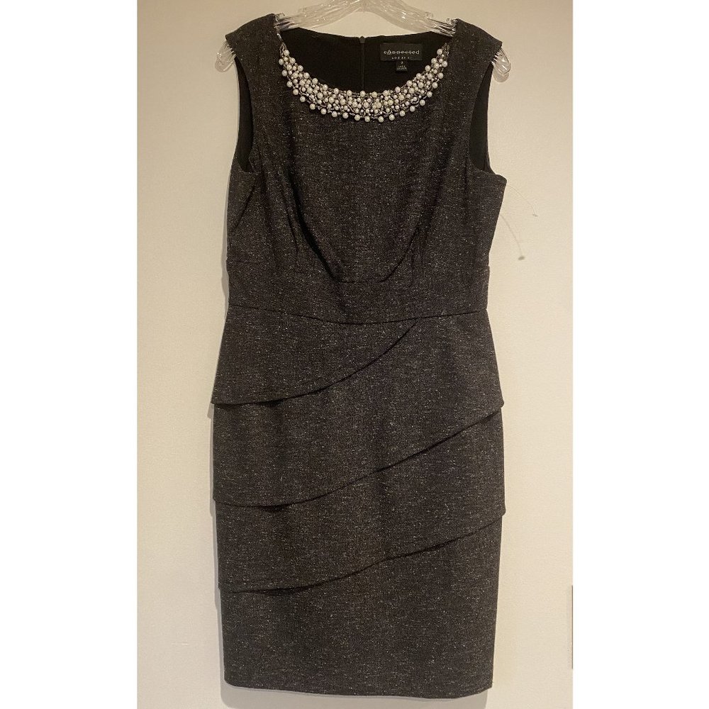 Connected Apparel Layered Front Faux Pearl Neck Dress - Black NWOT